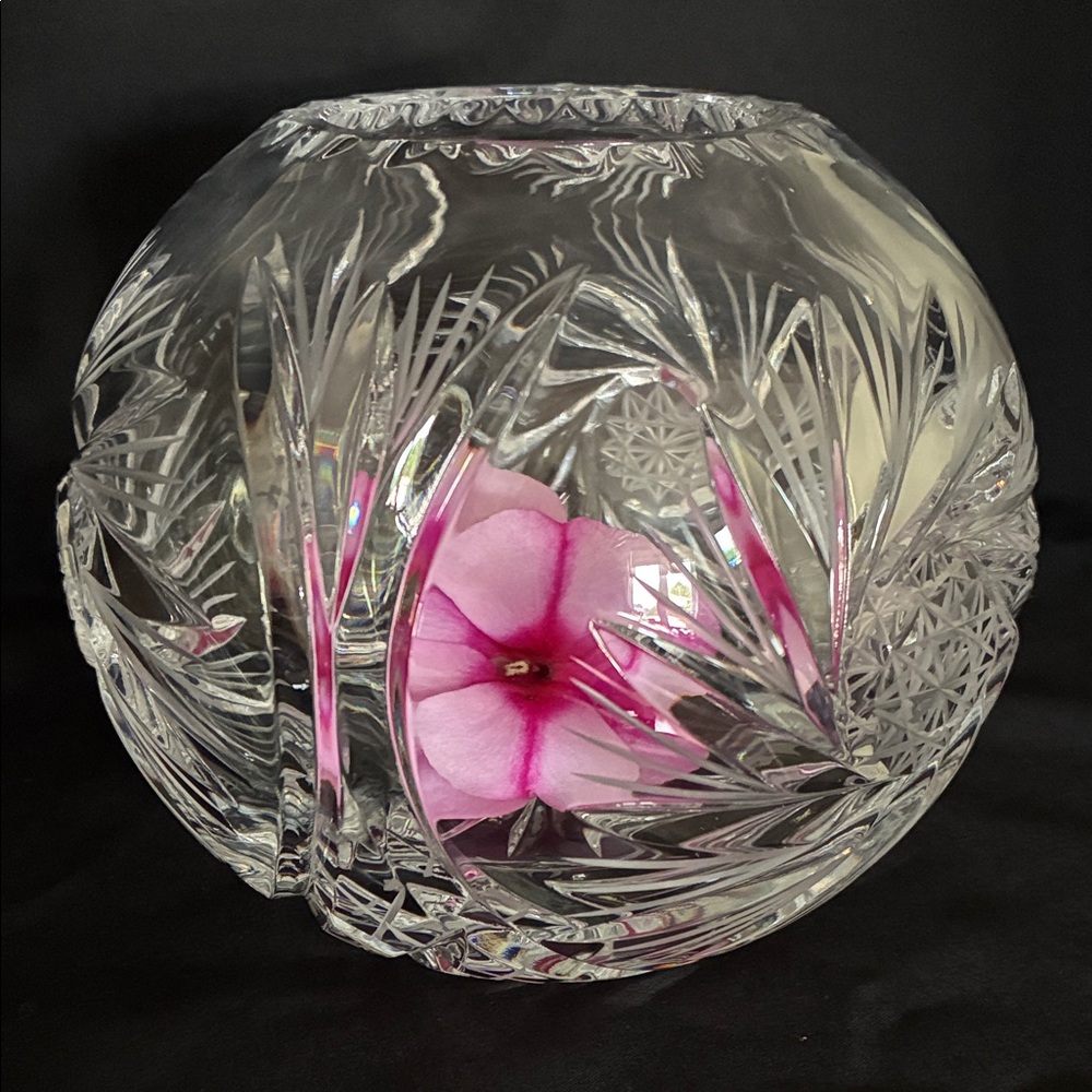 Vintage Lead Crystal Rose Bowl Vase, Round, 12 Point Star Pinwheel Pattern
